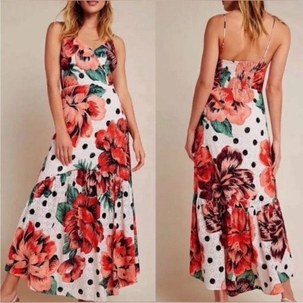 Farm Rio Maxi Dress Riviera Eyelet Floral Polka Dot Tiered Sz 2 Anthropologie Lo